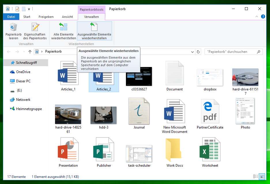 Menü zur Wiederherstellung von Dateien aus dem Notebook Packard Bell Papierkorb