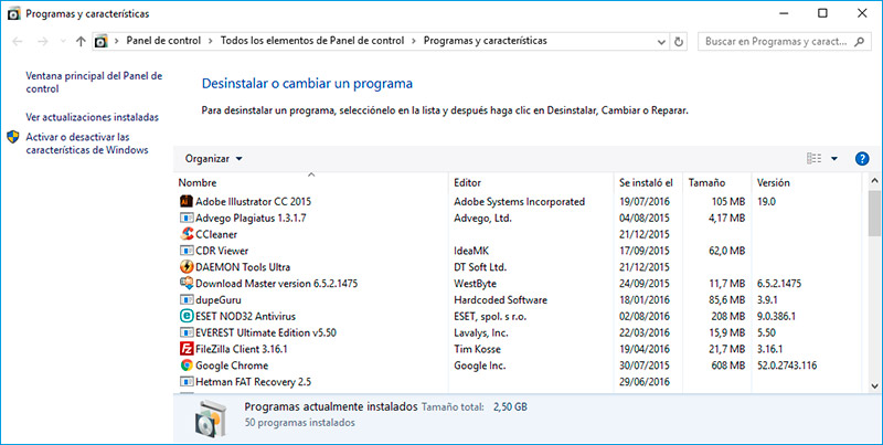 Programme und Komponenten von Windows 10