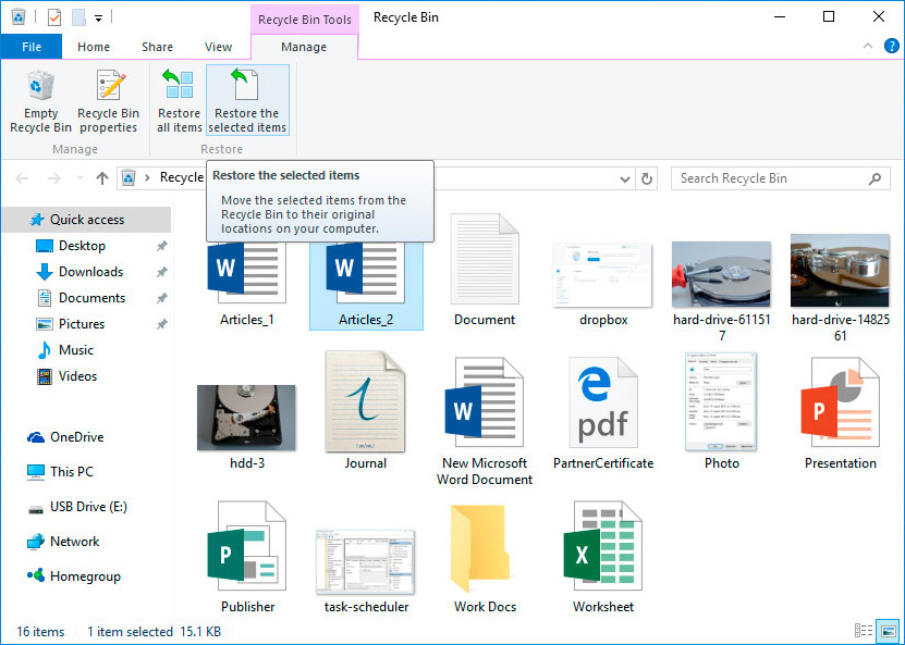 Wiederherstellen von Dateien aus dem Windows 7-Papierkorb mithilfe des Fenstermenüs